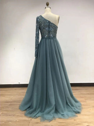 2024 Blue One-Shoulder Beaded Evening Dress - Exclusive A-Line Wedding Party Gown with Side Slit for Arabic Guests