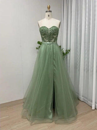 2024 Green A-Line Beaded Formal Occasion Dress - Exclusive High Split Strapless Ball Gown for Women’s Parties in Dubai