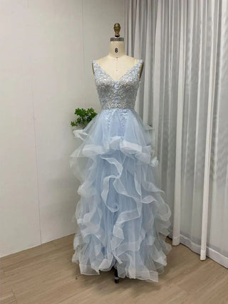 2024 Light Blue V-Neck A-Line Wedding Party Dress - Gorgeous Arabic Luxury Lace Appliqué Tulle Evening Ball Gown for Women