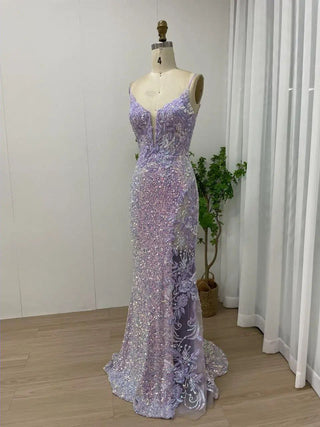 2024 Lavender V-Neck Slip Evening Dress - Stunning Mermaid Gown with Beaded Tulle for Women’s Weddings and Parties