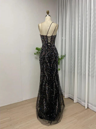 2024 Black Mermaid Evening Dress - Sexy High Split Beaded Tulle Gown for Girls’ Wedding Parties