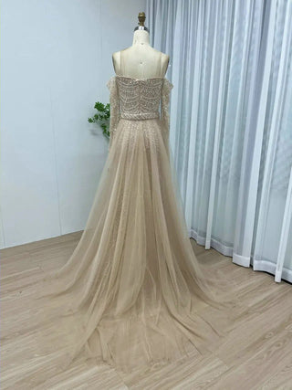 Dubai Luxury Beaded Off-Shoulder Mermaid Evening Dress - Arabic Elegant Strapless Long Sleeves Gown for Weddings and Prom