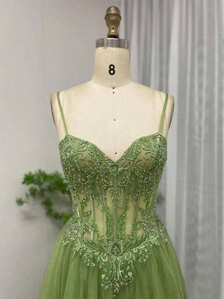 2024 Green A-Line Princess Dress - Stunning Beaded Sweetheart Neck Gown for Girls’ Wedding Guests