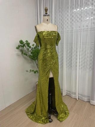 2024 Green Mermaid Off-Shoulder Evening Gown - Sparkling Sequined High Split Dress for Wedding Guests and Parties