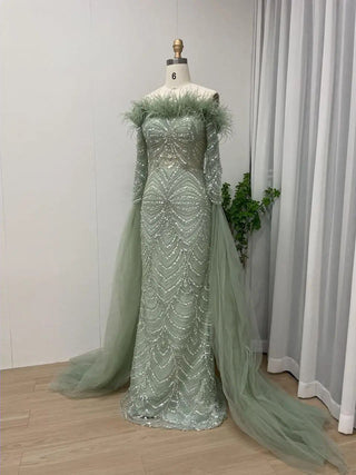 2024 Green Luxury Mermaid Evening Gown - Beaded Feathers Princess Dress with Cape Sleeves for Weddings and Parties in Dubai