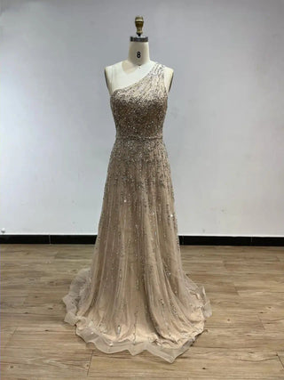 2024 Exclusive One-Shoulder A-Line Evening Gown - Elegant Beaded Ball Dress for Women’s Formal Occasions