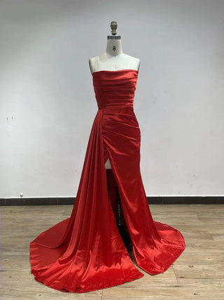 2024 Sexy Red Mermaid Evening Gown - Strapless High Split Pleated Satin Dress for Girls' Bridesmaids