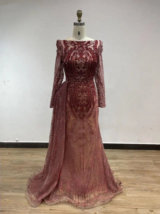 2024 Wine Luxury Mermaid Evening Gown - Beaded Long Sleeves Formal Dress for Arabic Weddings and Parties