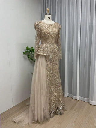 Ships in 1 to 3 Days - 2024 Gold Arabic Crystal Mermaid Evening Gown - Handmade Elegant Long Sleeves Dress for Women’s Weddings and Parties