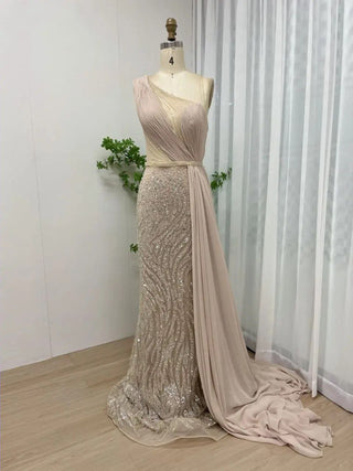 Ships in 1 to 3 Days - 2024 Gold Beaded Mermaid Evening Dress - Elegant One-Shoulder Gown for Graduation and Formal Events