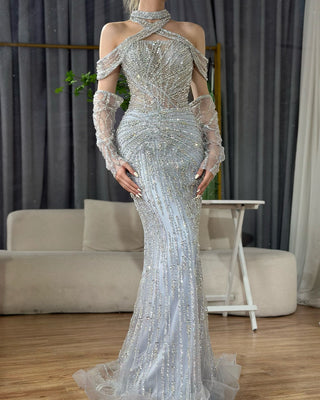 2024 Arabic Gray Decorative Halter Mermaid Luxury Dubai Evening Gown Beaded Dress for Women's Party