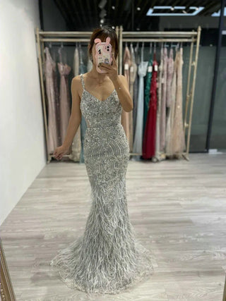 Ships in 1 to 3 Days - 2024 Silver Mermaid Evening Gown - Crystal Beaded Sleeveless Dress with Spaghetti Straps for Wedding Guests