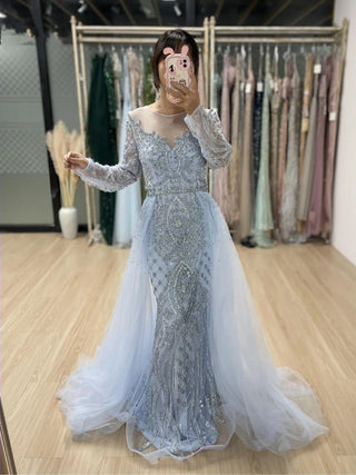 Ships in 1 to 3 Days - Nude Luxury Muslim Mermaid Evening Dress with Beaded Overskirt - Elegant Gown for Women's Party 2024