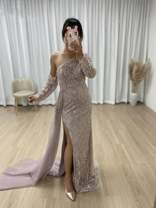 Ships in 1 to 3 Days -  2024 Luxury One-Shoulder Overskirt Evening Gown - Sparkly Sequin Mermaid Dress with High Split and Long Tail