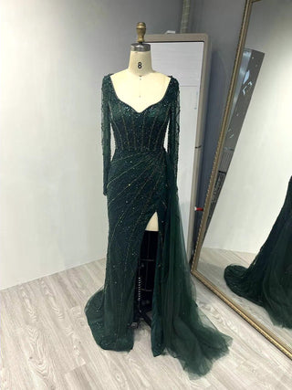 Ships in 1 to 3 Days -  2024 Green Luxury Beaded Mermaid Dress - High Split Prom Party Gown with Long Sleeves and Side Train