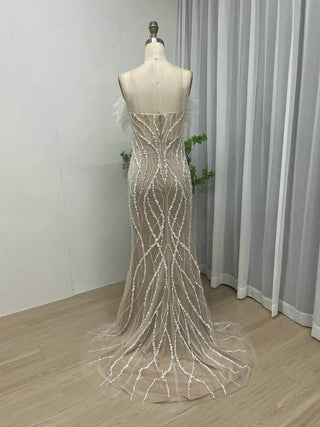 Ships in 1 to 3 Days - 2024 Classic Ivory Strapless Feather Mermaid Dress - Fitted Sequin Evening Gown with Train for Wedding Parties