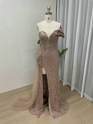 Ships in 1 to 3 Days - 2024 Pink Off-Shoulder Mermaid Prom Gown - Gorgeous Beaded Pleated Dress with High Split and Tulle Side Skirt