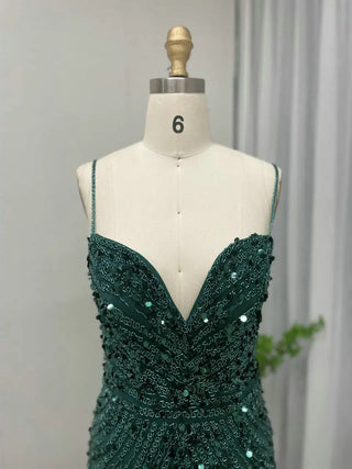 Ships in 1 to 3 Days - 2024 Green Luxurious Evening Gown - Beaded Spaghetti Straps High Split Mermaid Dress with Sweetheart Neckline for Brides and Parties