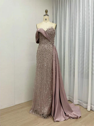 Ships in 1 to 3 Days - Stunning Off-Shoulder Strapless Evening Dress - Luxury Mermaid Beaded Gown with Train for Dubai Wedding Guests