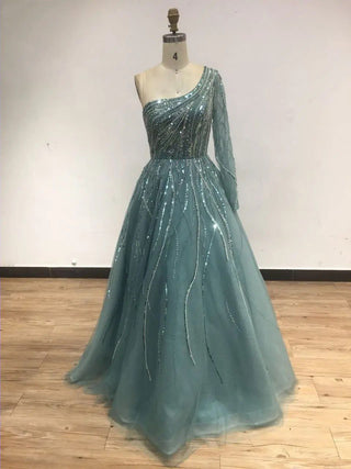 Ships in 1 to 3 Days - Luxury Mint One-Shoulder A-Line Evening Gown - Beaded Long Sleeve Dress for Women’s Formal Parties