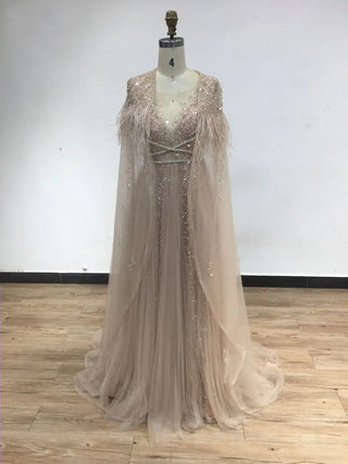 Ships in 1 to 3 Days - Luxury Dubai Grey Evening Formal Dress with Feather Cape Shawl: Gold Arabic Women Wedding Party Gowns Long