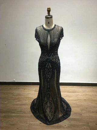 Ships in 1 to 3 Days - Navy Blue Sleeveless Luxury Evening Dress with Full Diamond Mermaid Gown 2024