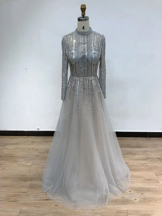 Ships in 1 to 3 Days - Silver Muslim A-Line Luxury Evening Dress 2024 with Beaded High Collar and Long Sleeves