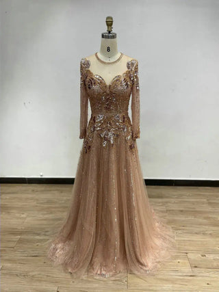 Ships in 1 to 3 Days - 2023 Pink A-Line Evening Gown - Luxurious Beaded Crew Neck Dress with Tulle Overlay for Wedding Parties