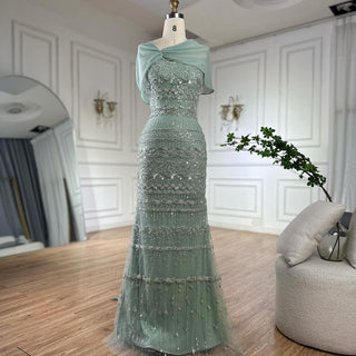 Sage Green Beaded Mermaid Evening Gown with Long Back Cape