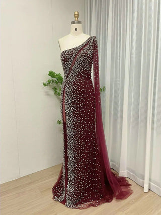 Wine Glitter Mermaid Evening Gown - One-Shoulder Cape Sleeve Formal Dress with Crystal Rhinestones for Women’s Parties