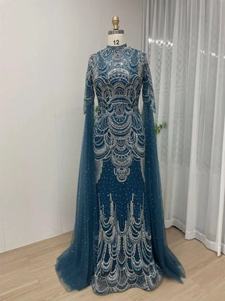 Ships in 1 to 3 Days - 2024 Blue Mermaid Wedding Party Gown - Beaded Lace Cape Sleeves High Neck Tulle Dress for Muslim Formal Occasions