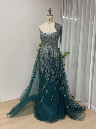 Ships in 1 to 3 Days - 2024 Blue Mermaid Evening Gown with Overskirt - Exclusive Beaded Tassel Slip Dress for Women’s Formal Occasions