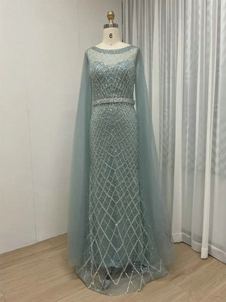 Luxury Blue Mermaid Evening Gown with Cape Sleeves - Exclusive O Neck Beaded Dress for Dubai Formal Events