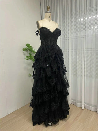 Elegant Black Off-Shoulder A-Line Lace Evening Gown - Sexy V-Shape Back Prom Dress for Women’s Parties