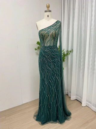 Gold One-Shoulder Beaded Mermaid Gown with Cape – Exclusive Dubai-Inspired Formal Dress for Prom & Special Occasions 2024