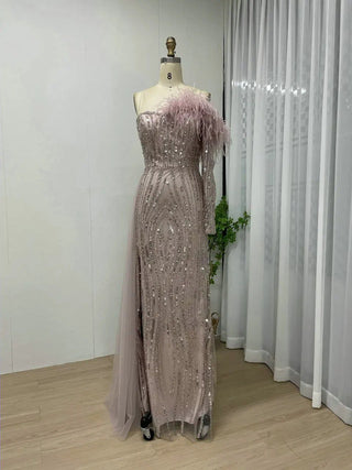 Ships in 1 to 3 Days - 2024 Nude Mermaid Evening Dress - Gorgeous Beaded Feathers with Long Sleeves and Split for Celebrity Style in Dubai