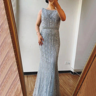 Dubai Grey Diamond Mermaid Long Sleeves Beaded Luxury Evening Gown - Perfect for Women's Party