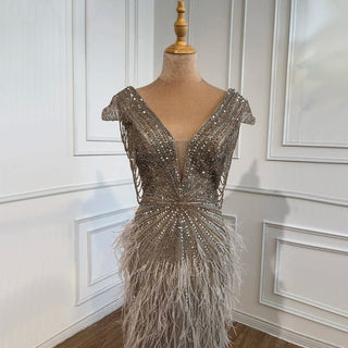 Ships in 1 to 3 Days - Arabic Brown Mermaid Elegant Evening Gown 2024: Feathers, Beaded Luxury for Women's Wedding Party