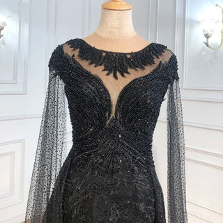 Ships in 1 to 3 Days - Arabic Black Luxury 2024 Lace Beaded Cape Sleeves Mermaid Evening Gown: Elegant Attire for Women's Wedding Party