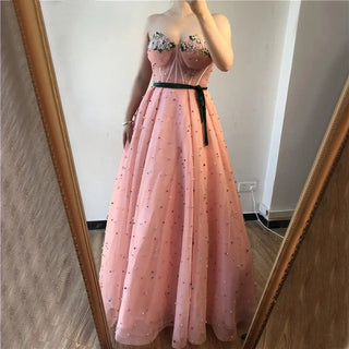 Pink Beaded Pearls Evening Gown 2024 - Long Formal Party Prom Dress with Sashes