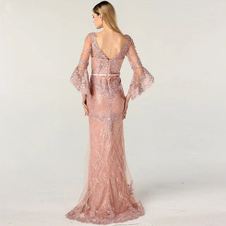 Pink Lace Diamond Evening Gown 2024 - Long Sleeve V-Neck Sexy Dress for Women