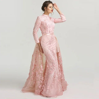 Muslim Romantic Pink Long Sleeves Evening Dress 2024 - High Neck Handmade Flowers Evening Gown