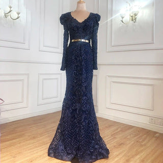 Ships in 1 to 3 Days - Navy Blue Mermaid Lace Beaded Muslim Luxury Evening Dresses 2024 - Elegant Gowns for Women's Party