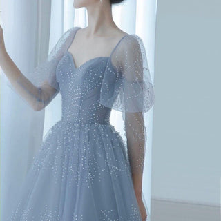 Ships in 1 to 3 Days - Blue Beading Pearls Evening Dress 2024: Long Puff Sleeves Sexy Women Formal Party Wear Ball Gown