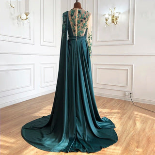 Dubai Blue O-Neck Beading Sexy Evening Dress Design 2024: A-Line Satin Long Sleeves Formal Dress