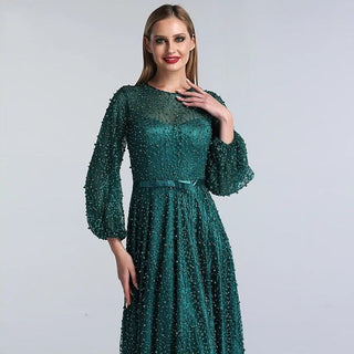 Dubai Green Pearls Long Sleeve Evening Dress - 2024 Tulle Luxury Beach Gown