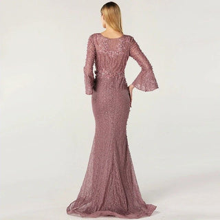 Muslim Pink Mermaid Luxury Lace Beaded Pearls Evening Dress Formal Party Gown 2024