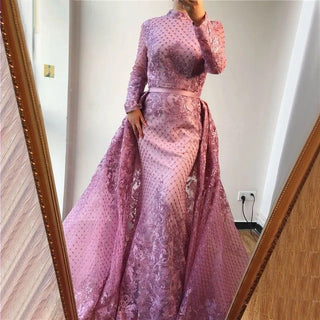 Muslim Pink High Collar Evening Dress 2024 - Handmade Flowers Long Sleeves Mermaid Gown