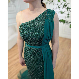 Dubai Green One Shoulder Luxury Evening Dresses 2024 - Mermaid Silhouette with Beaded Sequins Sparkle