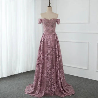 Pink Mermaid Elegant Evening Dress 2024 - Short Sleeve Flowers, Dubai Sexy Off-Shoulder Lace Crystal Gown